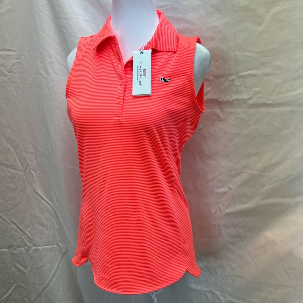 NWT Vineyard Vines performance sleeveless striped golf polo.